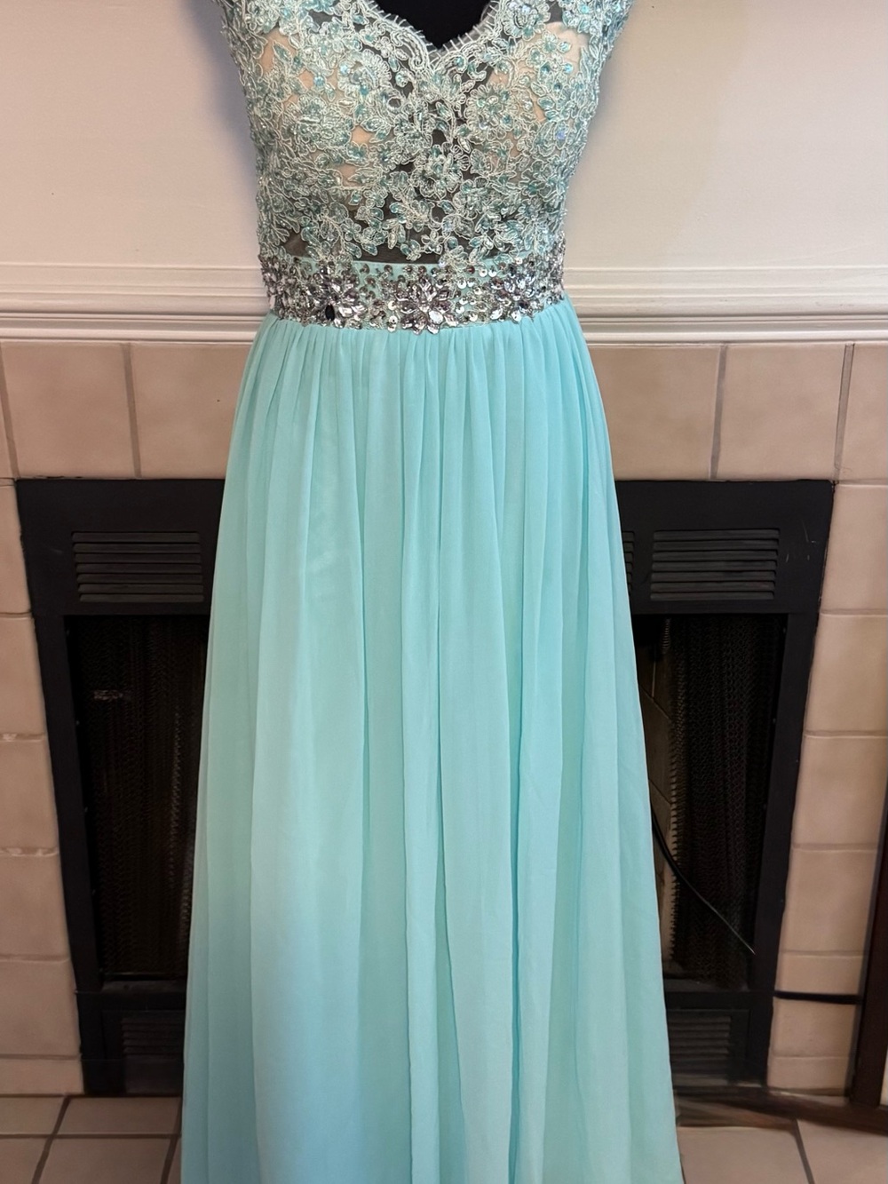 Dylan Queen Powder Blue Evening Dress with Sequined and Lace Accents